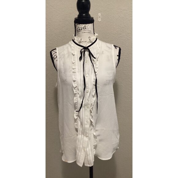 Pleione White Sleeveless Button-Down Blouse W/Ruffle Trim & Black Ribbon - Picture 1 of 5
